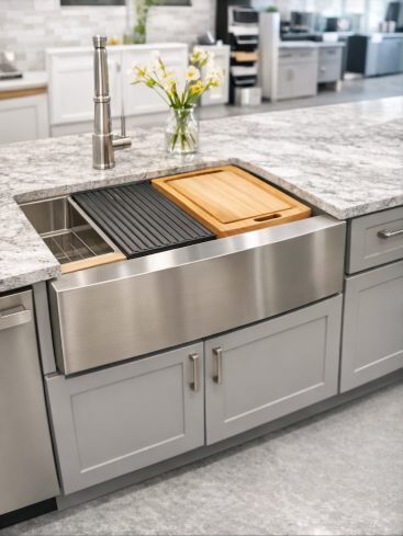 Farmhouse sink installed in a gray Shaker cabinet