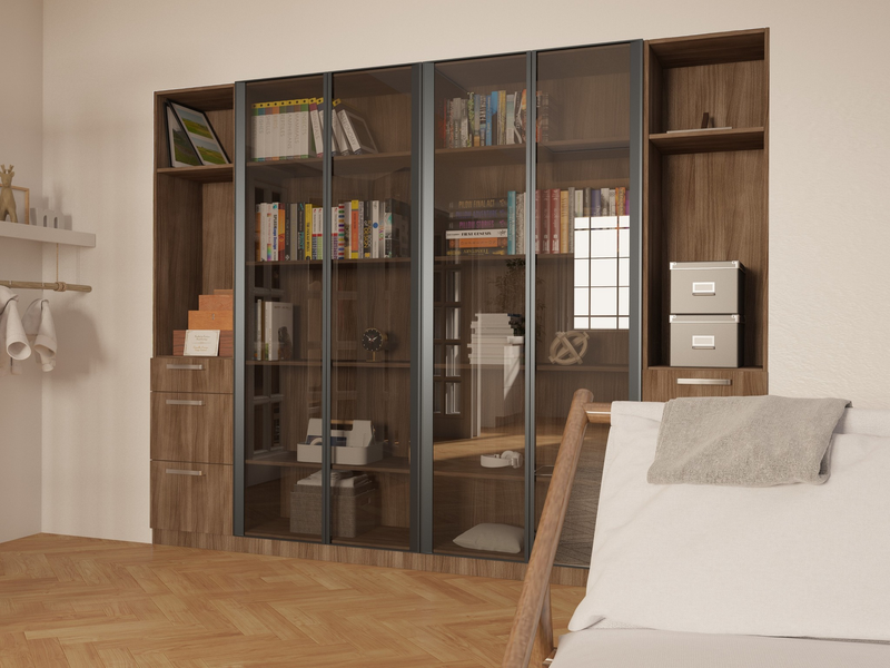 Built-in walnut storage wall with tinted glass doors and drawers