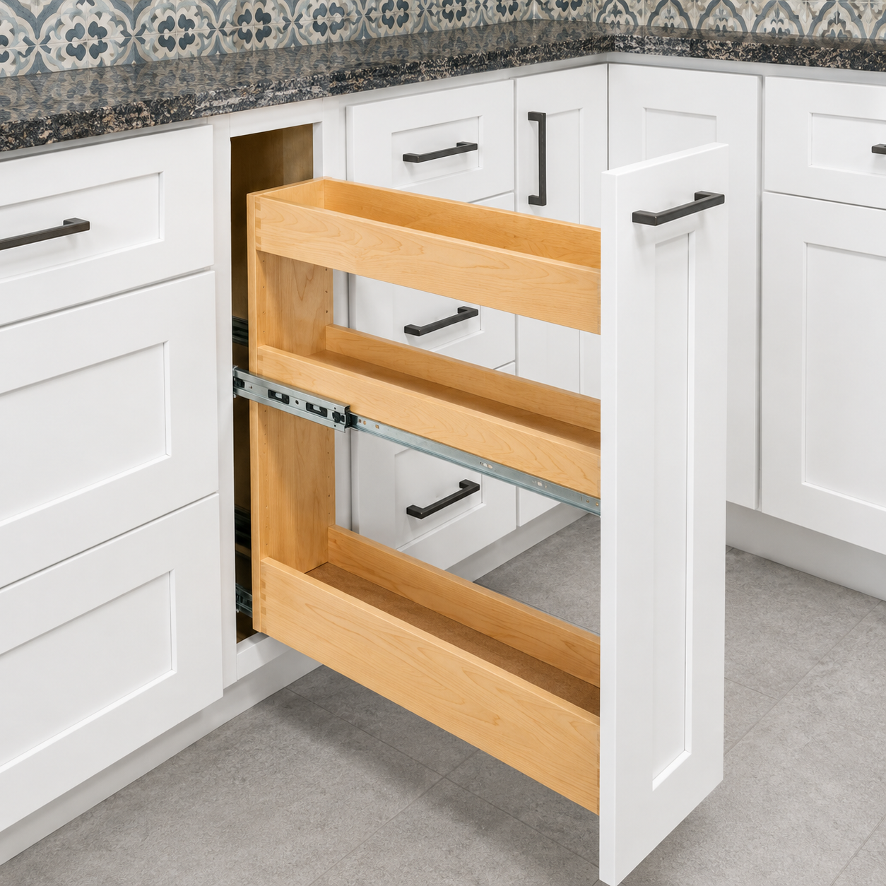 Pull-out spice storage cabinet in a white Shaker kitchen