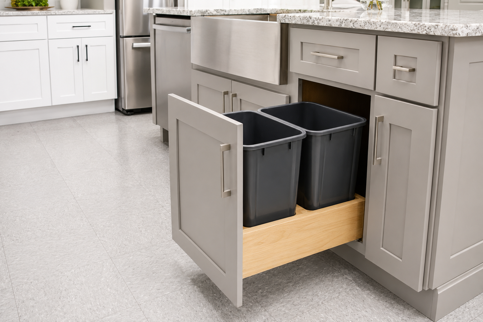 Double-bin trash pull-out cabinet