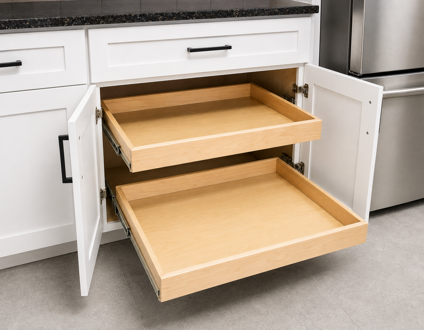 Wood roll-out trays inside a tall cabinet